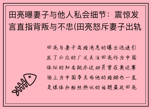 田亮曝妻子与他人私会细节：震惊发言直指背叛与不忠(田亮怒斥妻子出轨 女方回应)